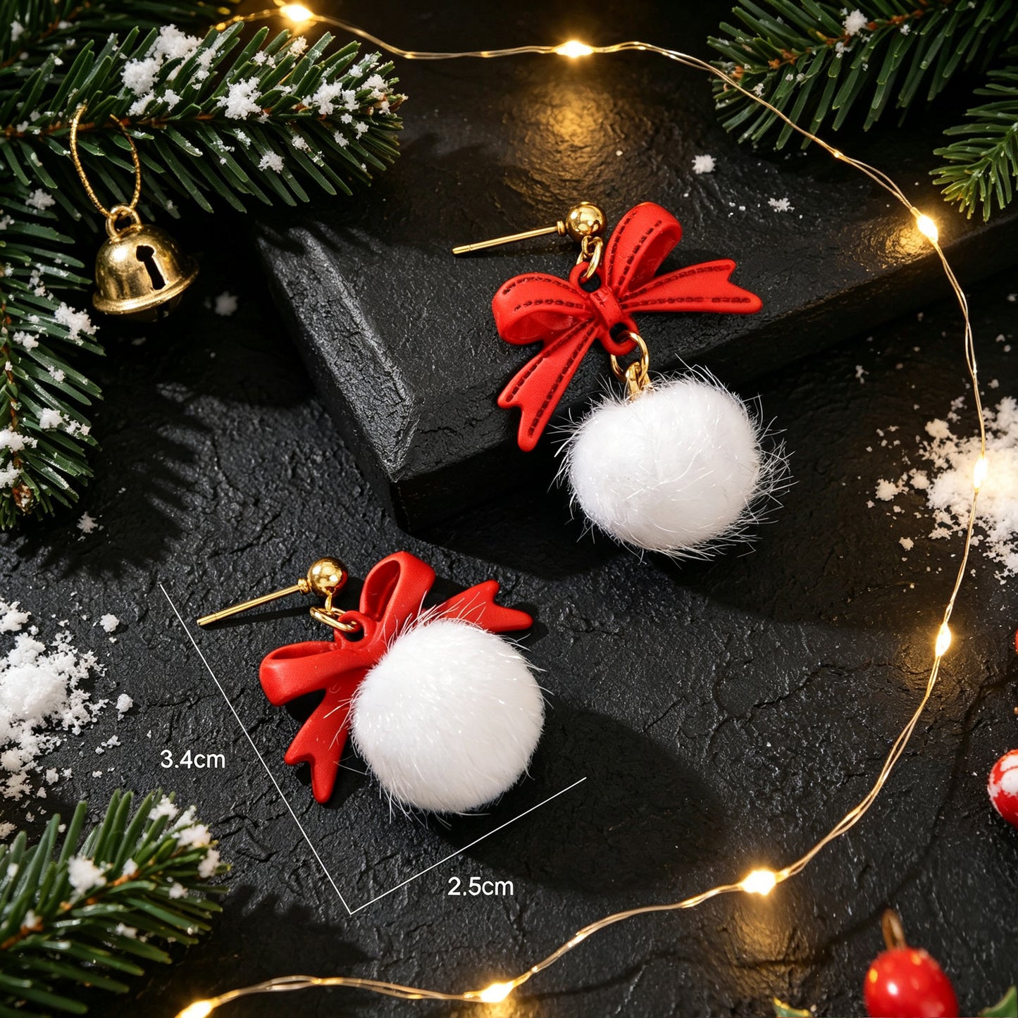 Christmas New Year Red Bow White Furry Ball Earrings Cute Party Jewellery Gift