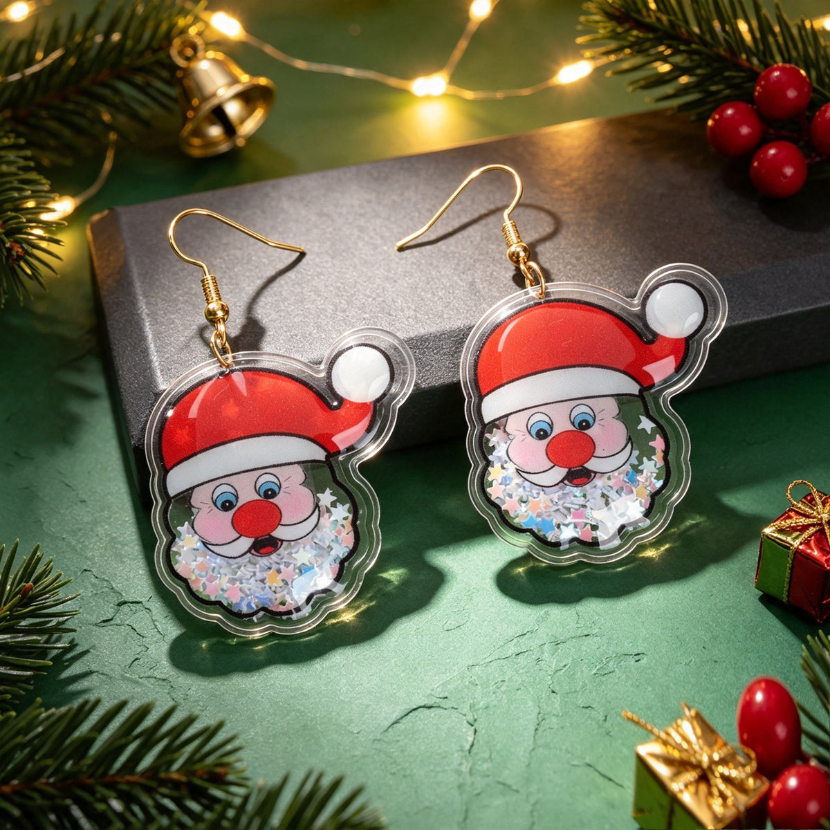 Star Sequin Filled Christmas Santa Claus Drop Earrings Clear Acrylic Material Festival Jewelry Gift