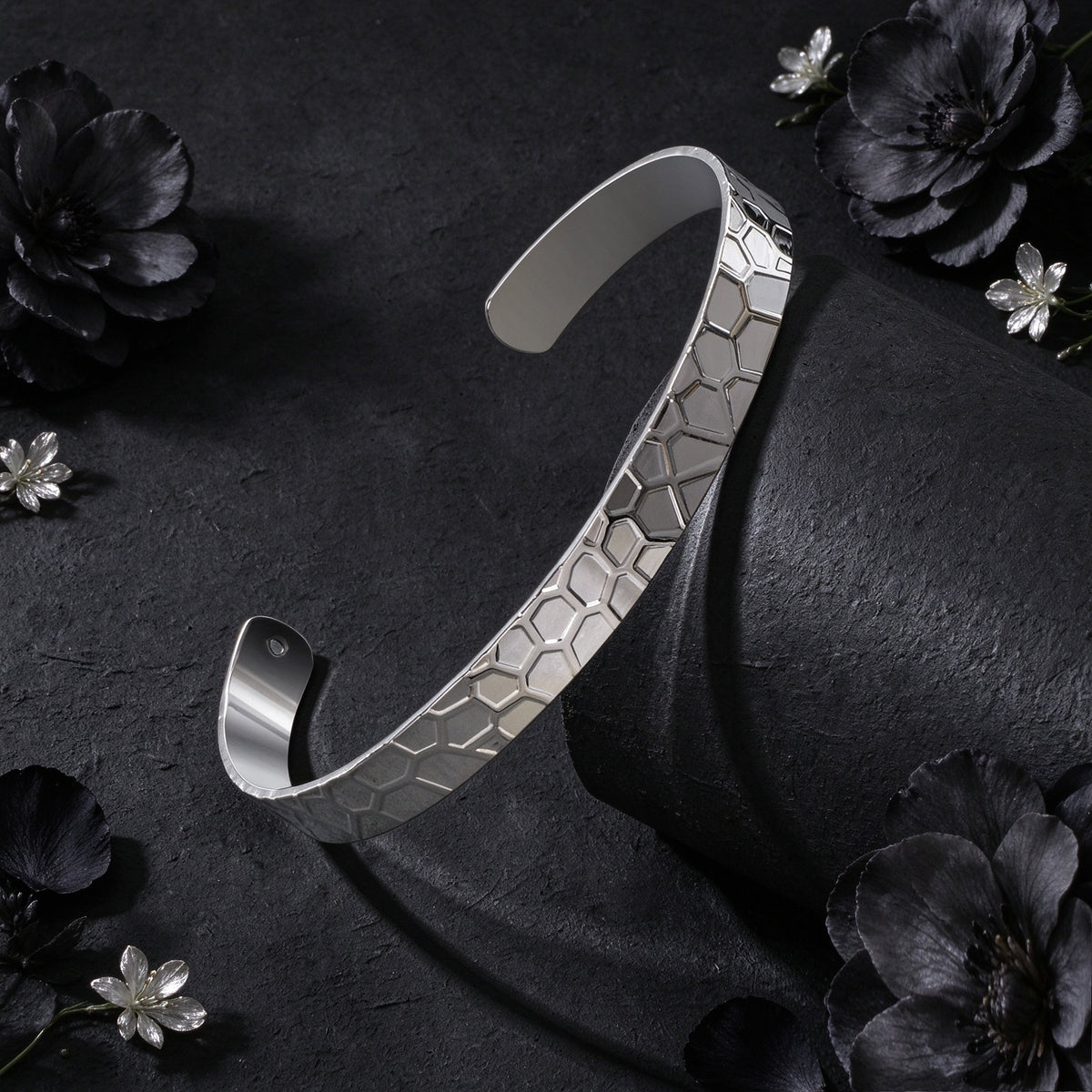 Punk Silver Geometric Hammered Texture Open Cuff Bangle Simple Trendy Jewellery