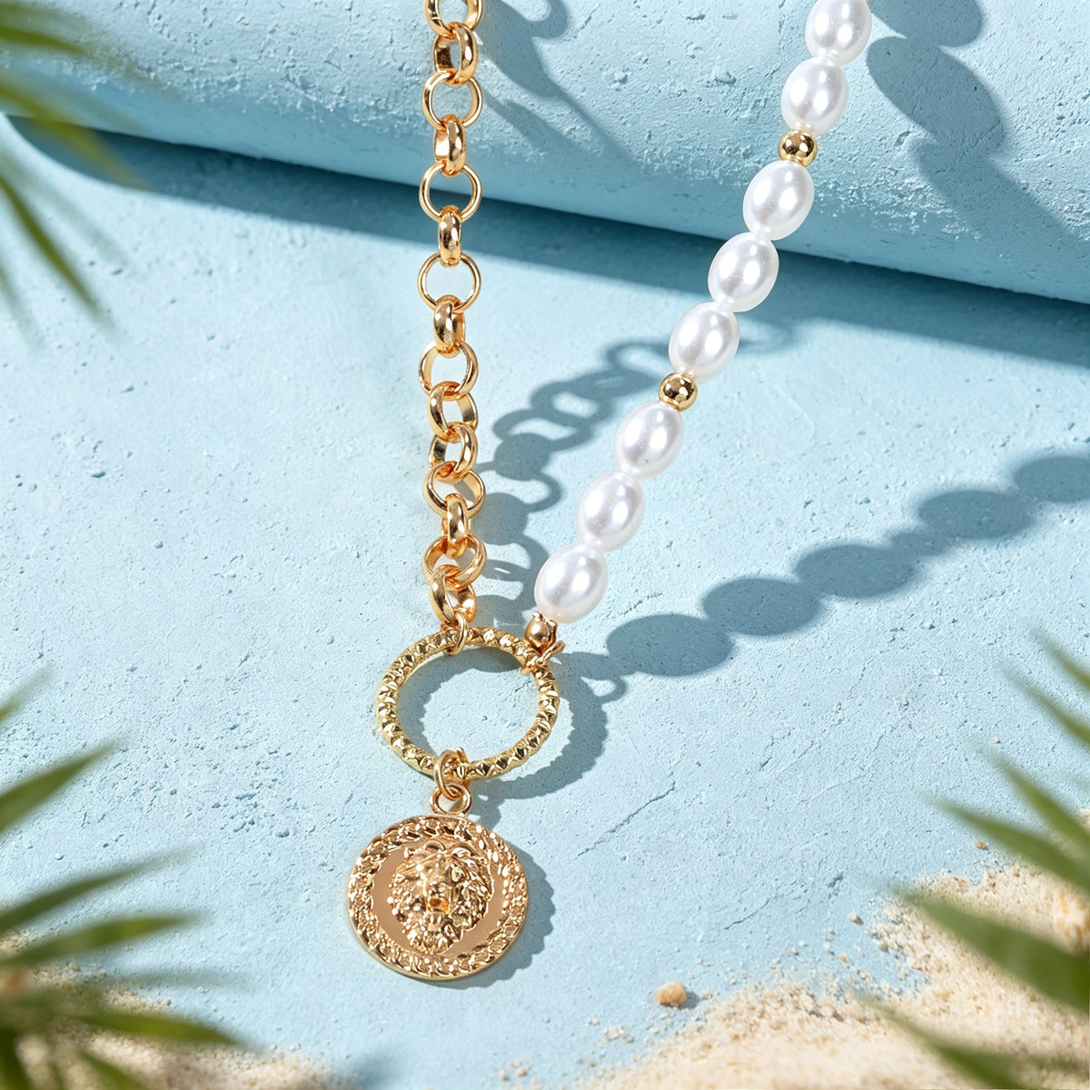 Retro Imitation Pearl Metal Mixed Chain Coin Pendant Necklace Exquisite Jewelry