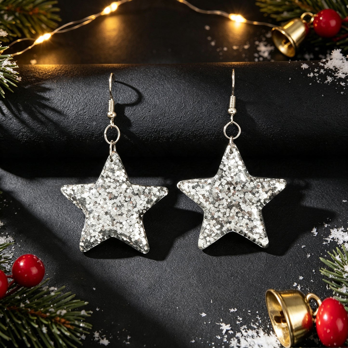 Xmas Silver Glitter Star Hook Dangle Earring Christmas Trendy Party Jewelry Gift