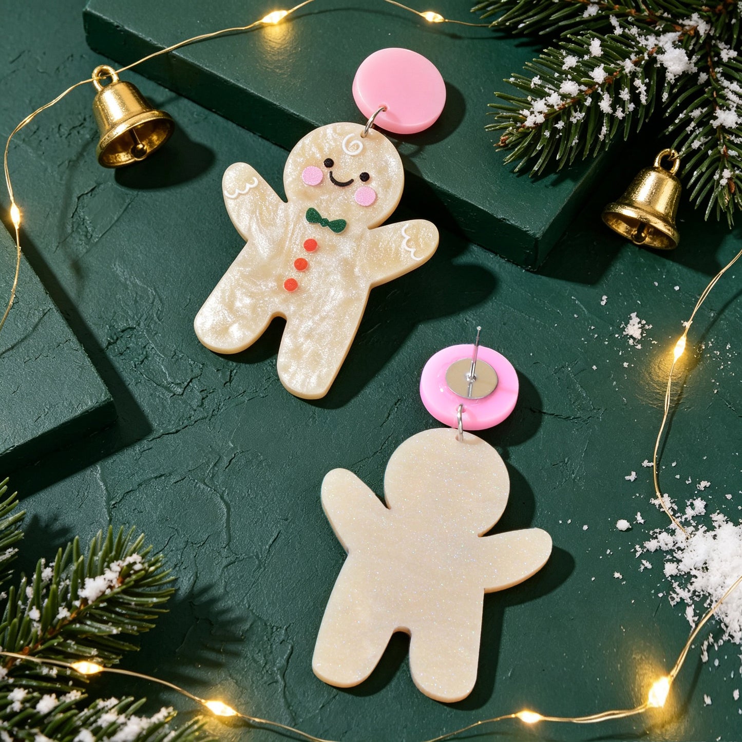 Cream Glitter Gingerbread Man Christmas Drop Earrings Festive Party Jewelry Gift