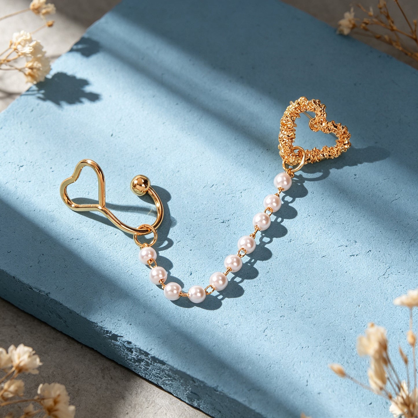 1 pc Gold Heart Imitation Pearl Chain Ear Cuff Climber Earring Romantic Dating Jewelry Festival Gift