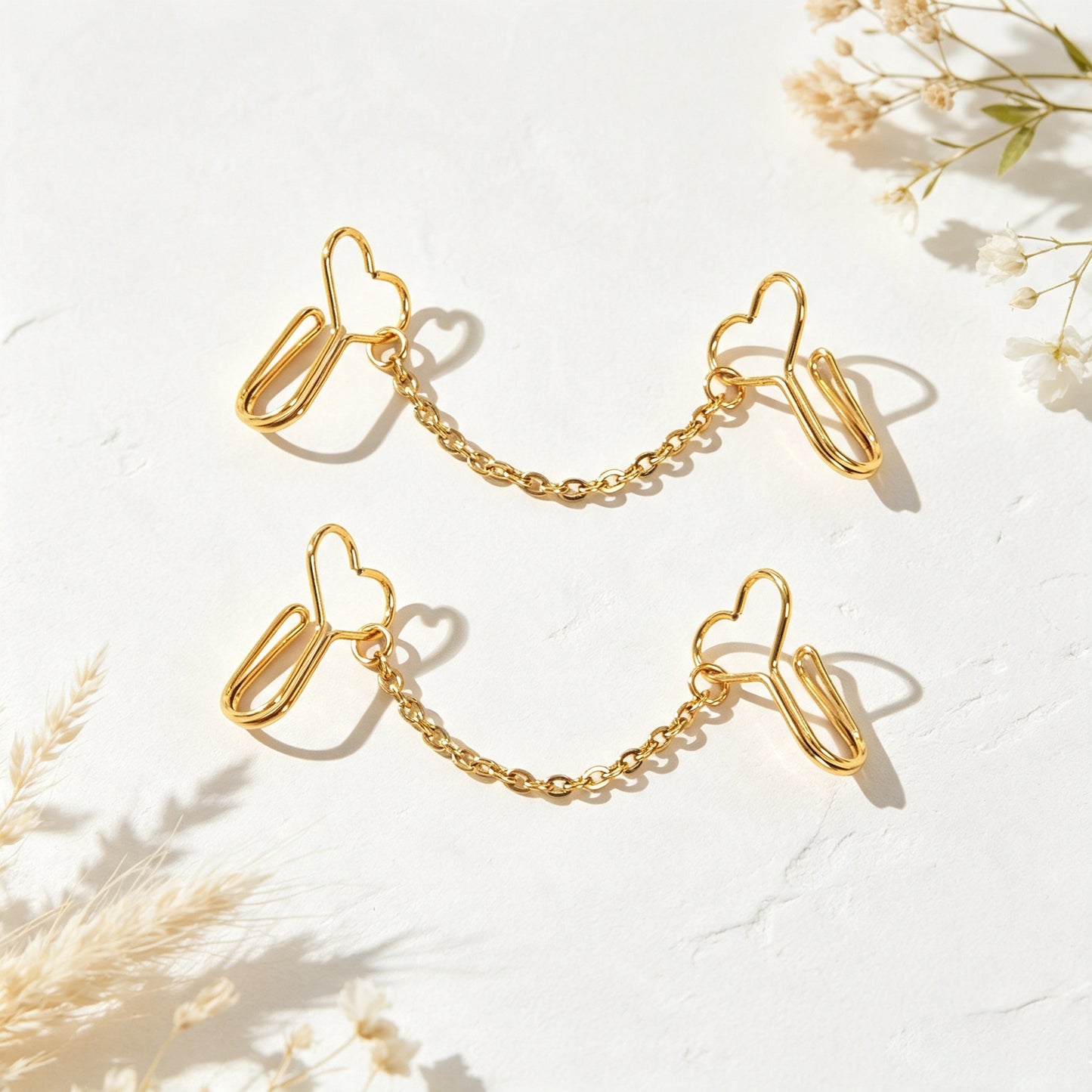 2pcs Heart Chain Linked Ear Cuff Punk Street Gold Non-Pierced Cartilage Ear Clip