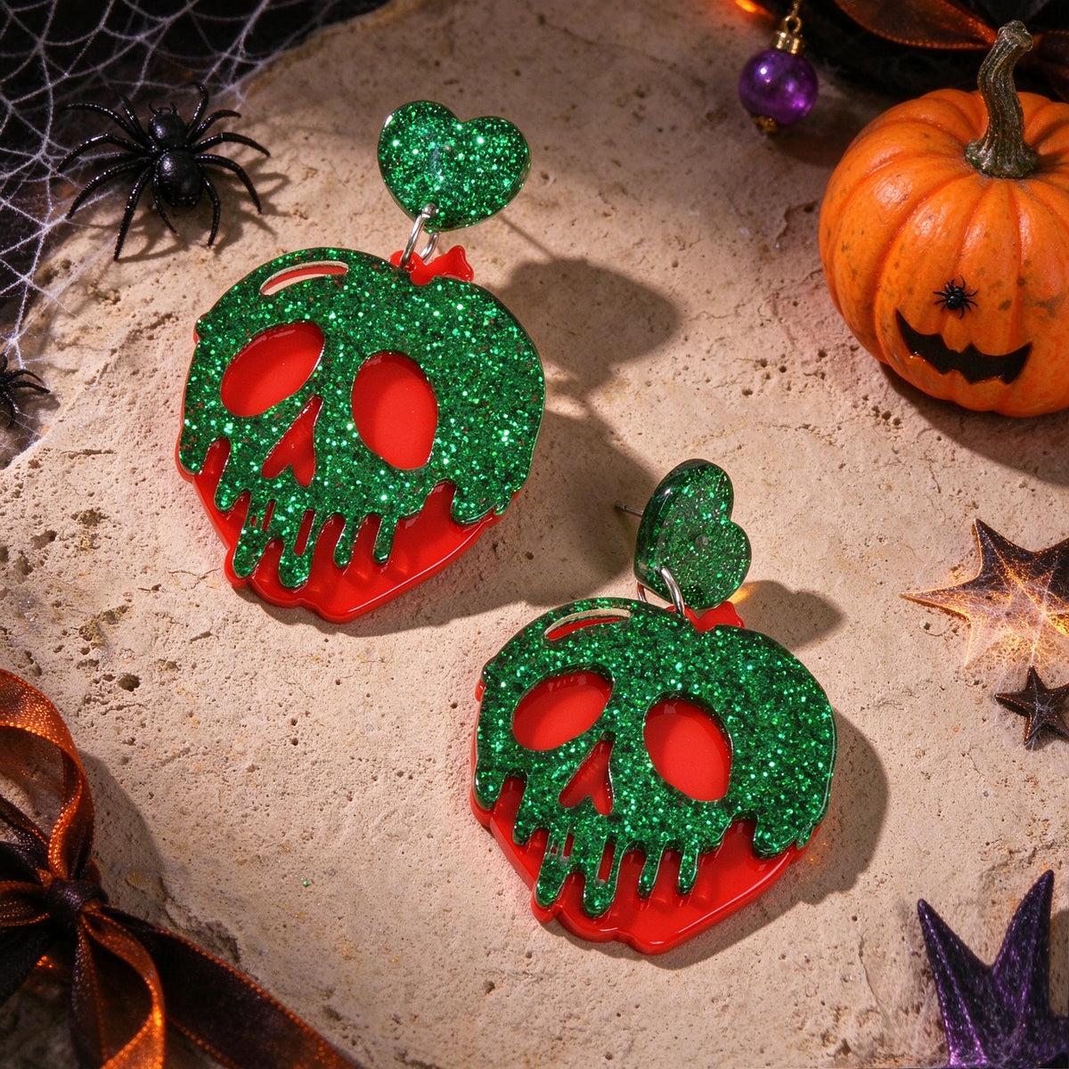 Halloween Gothic Red Green Glitter Skull Dangle Hook Earrings Cosplay Jewellery