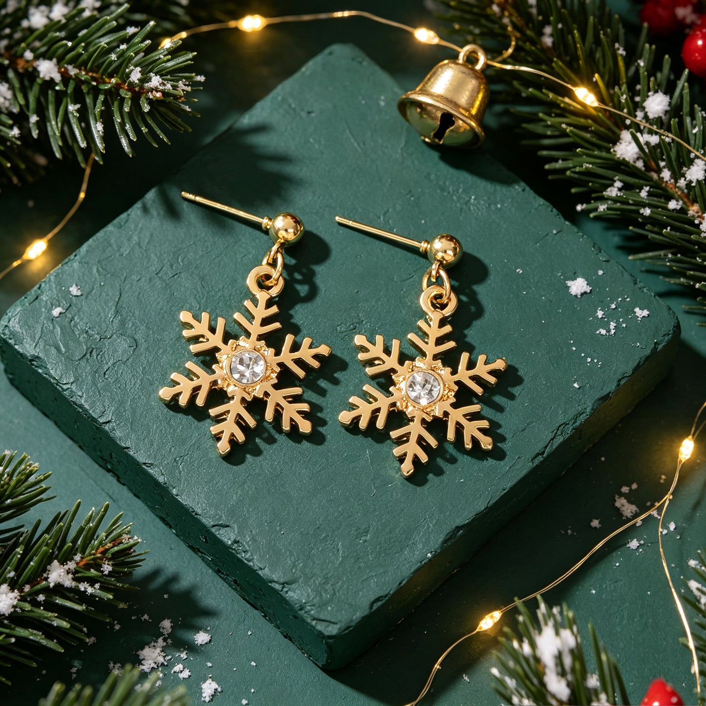 Luxury Gold Inlaid Crystal Snowflake Dangle Earrings Christmas Festive Jewellery