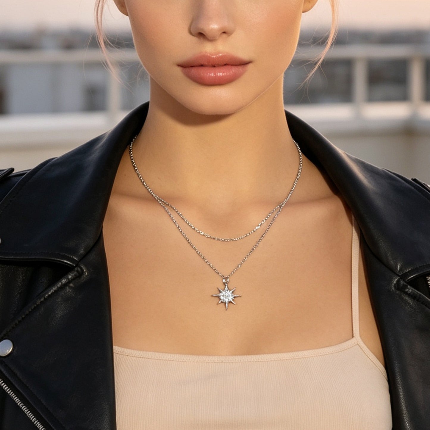Silver Multi‑Chain Crystal Star Pendant Necklace Fashion Layered Jewellery Gift