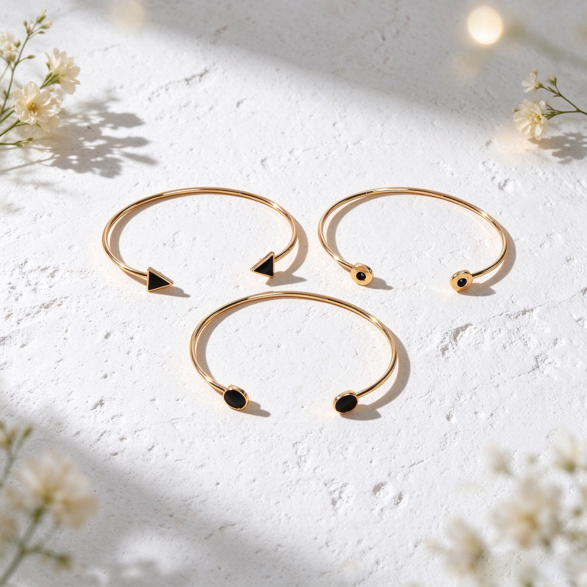 3pcs Gold Cuff Bangle Stackable Black Geometric Triangle Round Open Bracelet