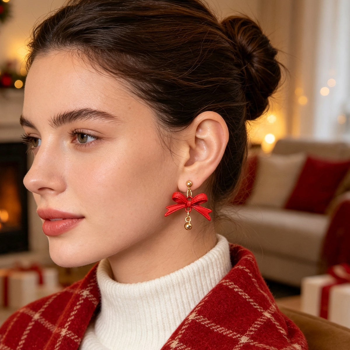 Christmas Jewelry Red PU Leather Bow Dangle Earrings Sweet Cute Party Festival Accessories