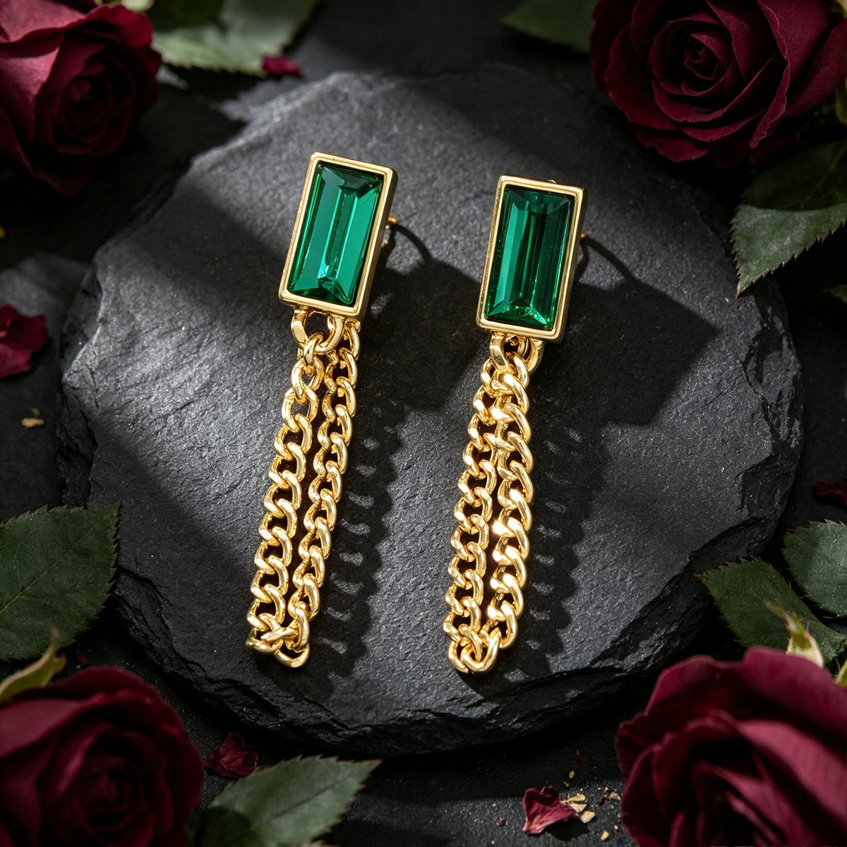 Gold Tone Chain Green Square Drop Dangle Earrings Ear Jacket Tassel Stud Jewelry