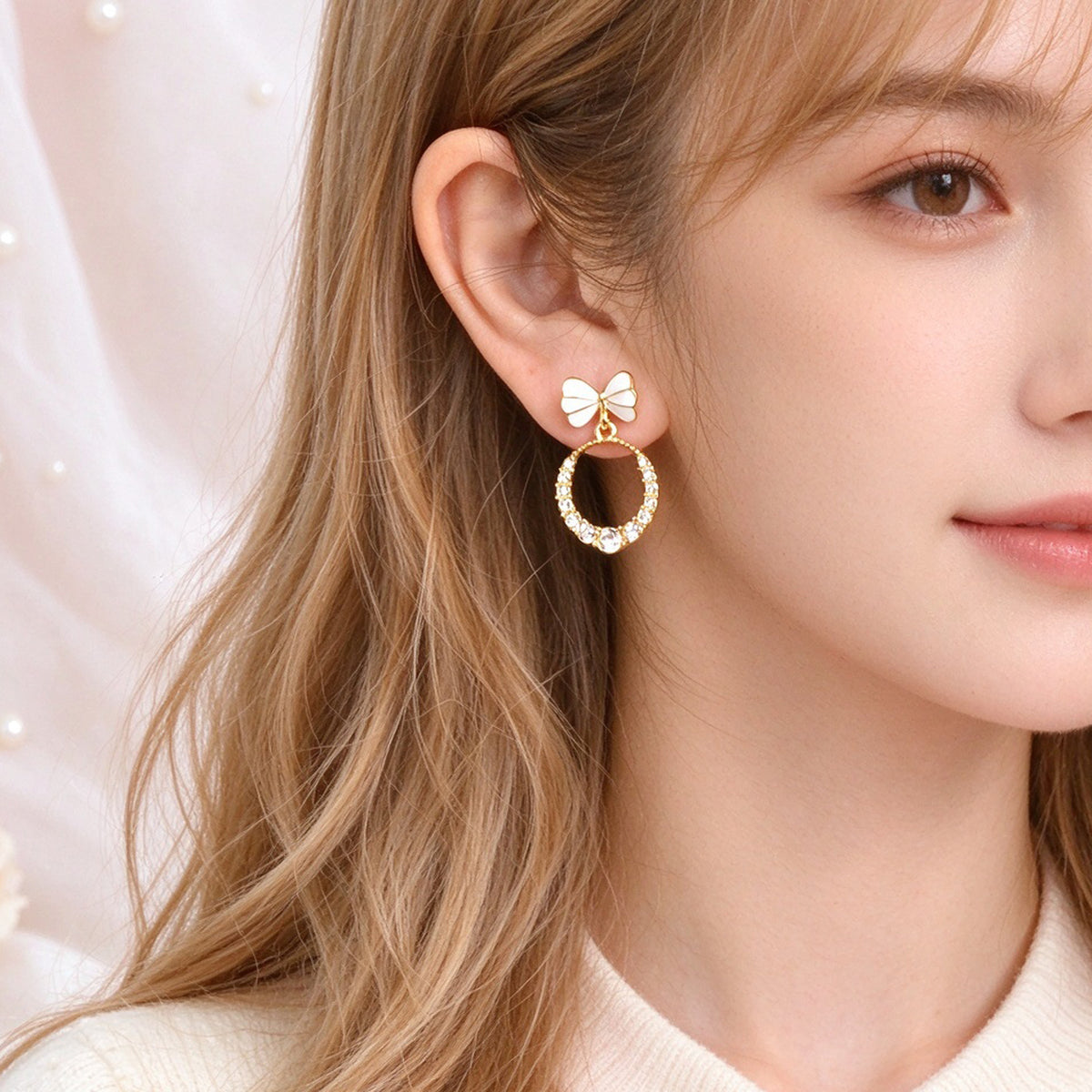 Sweet White Bow Sparkling Faux Crystal Circle Drop Earrings Elegant Jewelry Gift