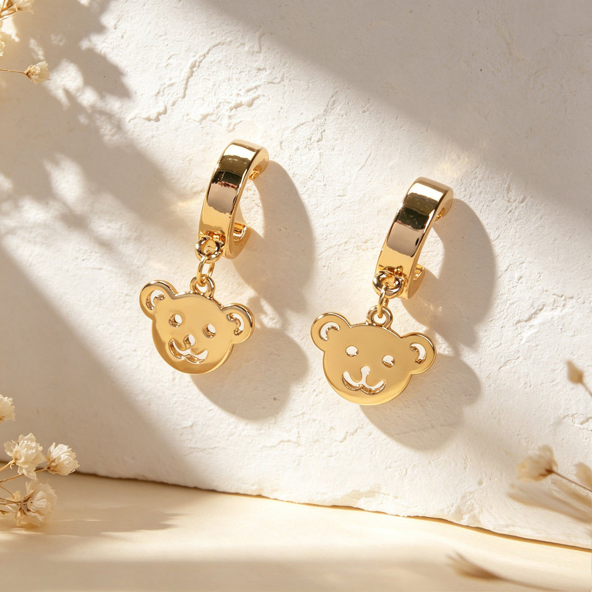 Gold Bear Hoop Drop Earrings Women Cartoon Stud Cute Gift Teens Textured Jewelry