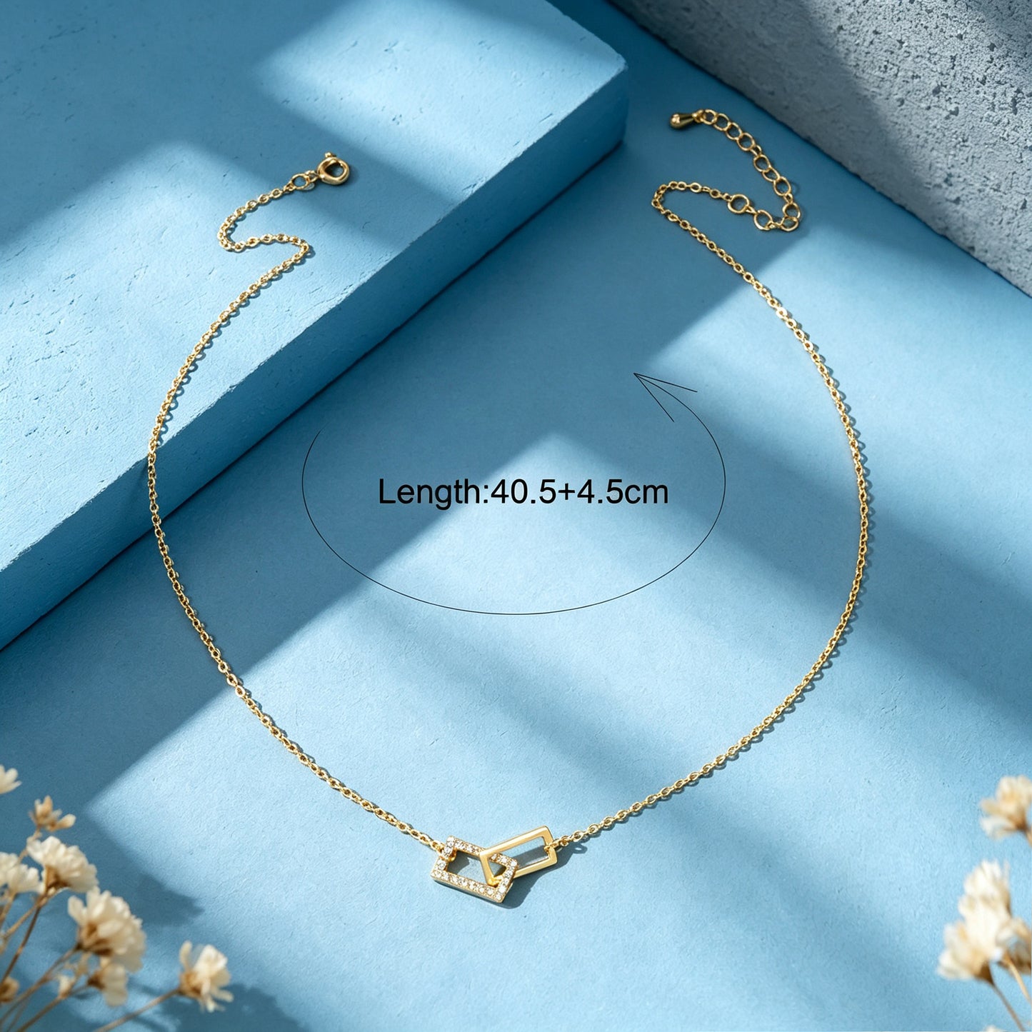 Gold Geometric Crystal Inlaid Square Link Pendant Necklace Minimalist Jewellery