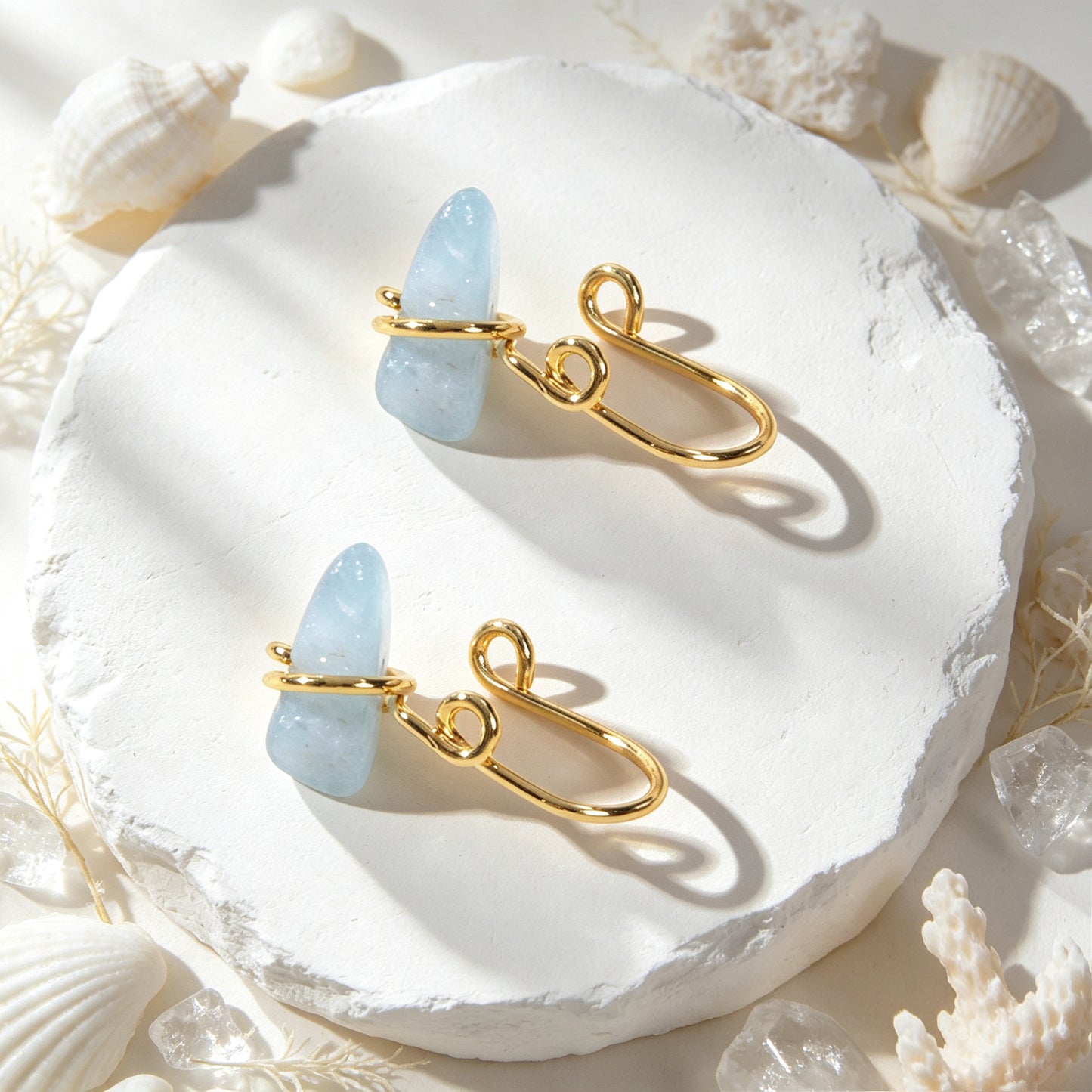 2PCS Gold Ear Cuff Blue Stone Simple Summer Beach Non-Pierced Ear Clip Earrings
