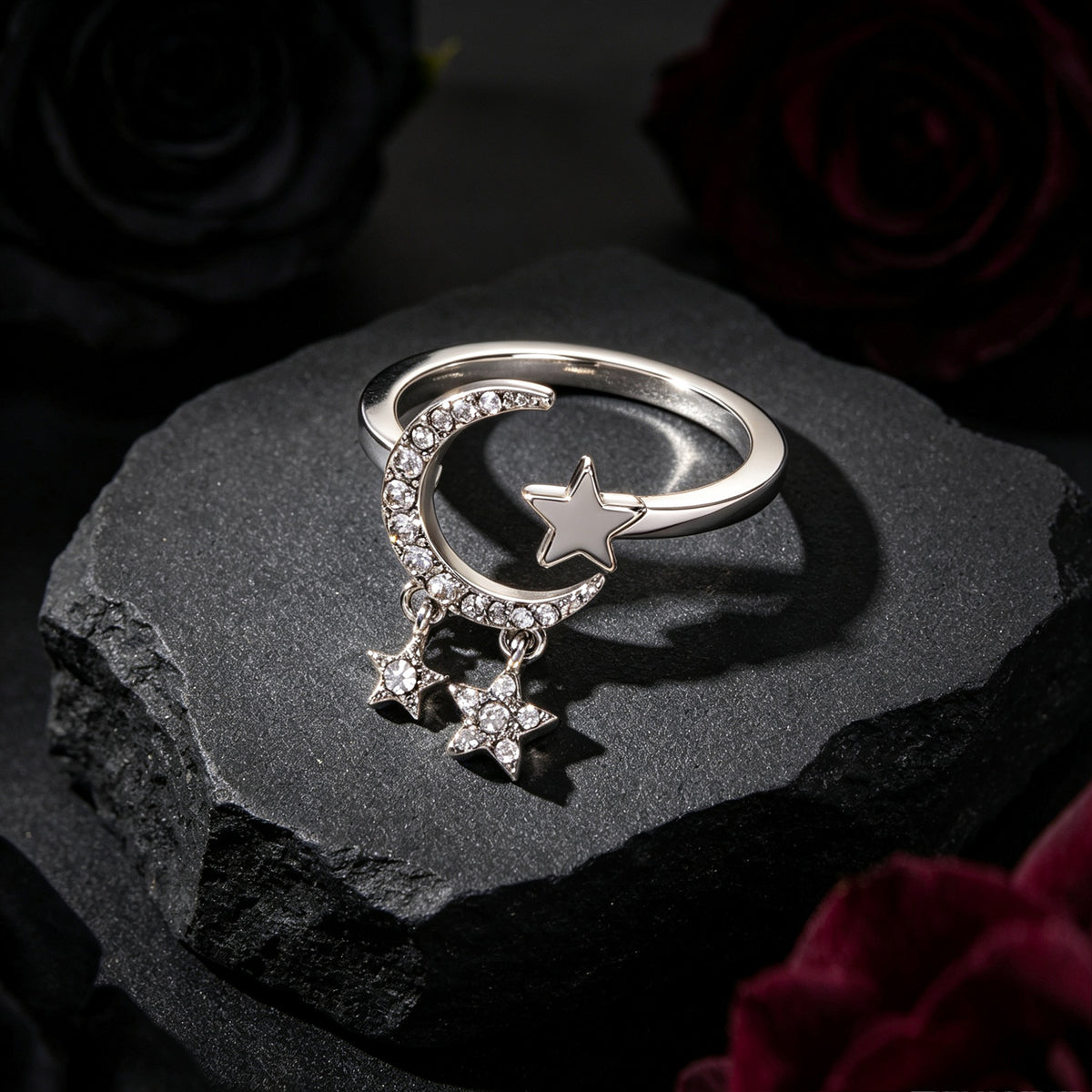 Glitter Rhinestone Silver Star Moon Finger Ring Engagement Wedding Jewelry Gift