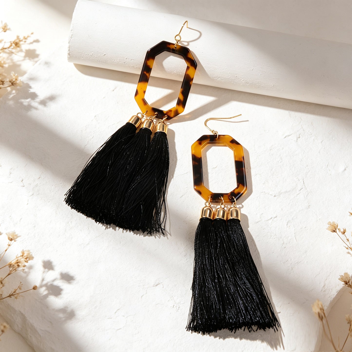 Acrylic Geometric Black Long Tassel Dangle Earrings Bohemian Jewelry for Beach Vacation Holiday