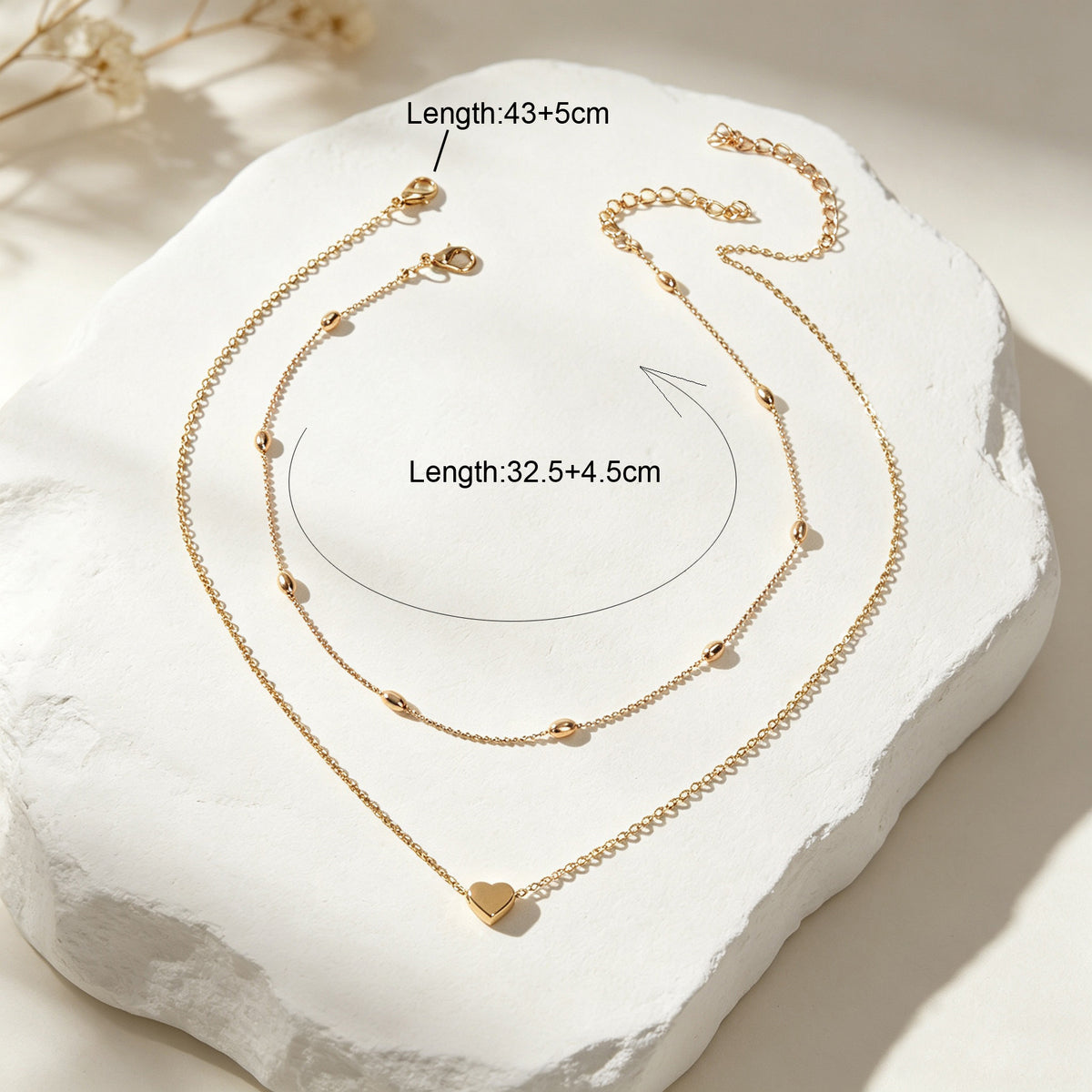 2pcs Dainty Jewelry Metal Beads Decor Gold Silver Chain Heart Pendant Necklaces