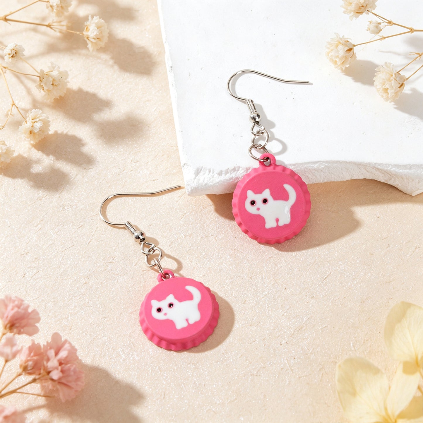 Cute White Cat Hotpink Bottle Cap Dangle Earrings Sweet Jewelry for Daily Party Gift