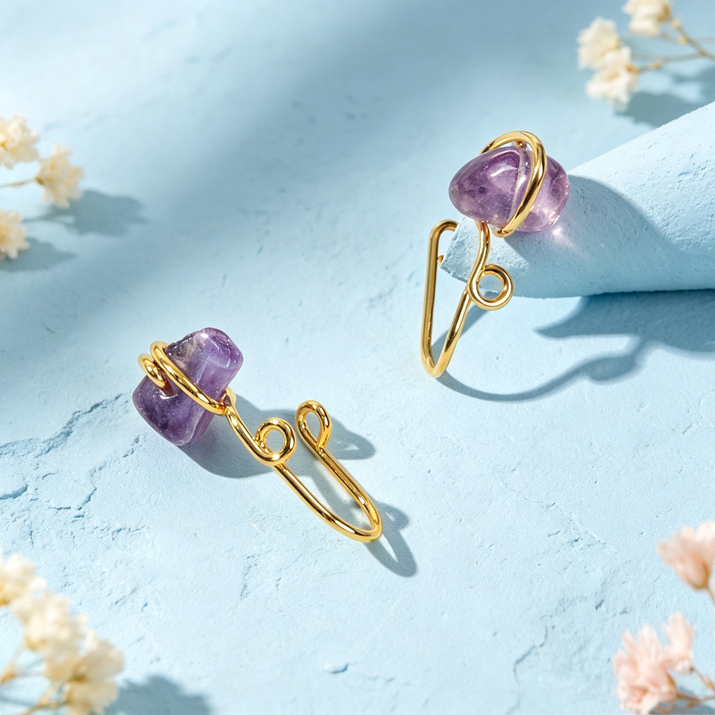 2pcs Gold Ear Cuffs No Piercing Imitate Amethyst Stone Earrings Fashion Jewelry
