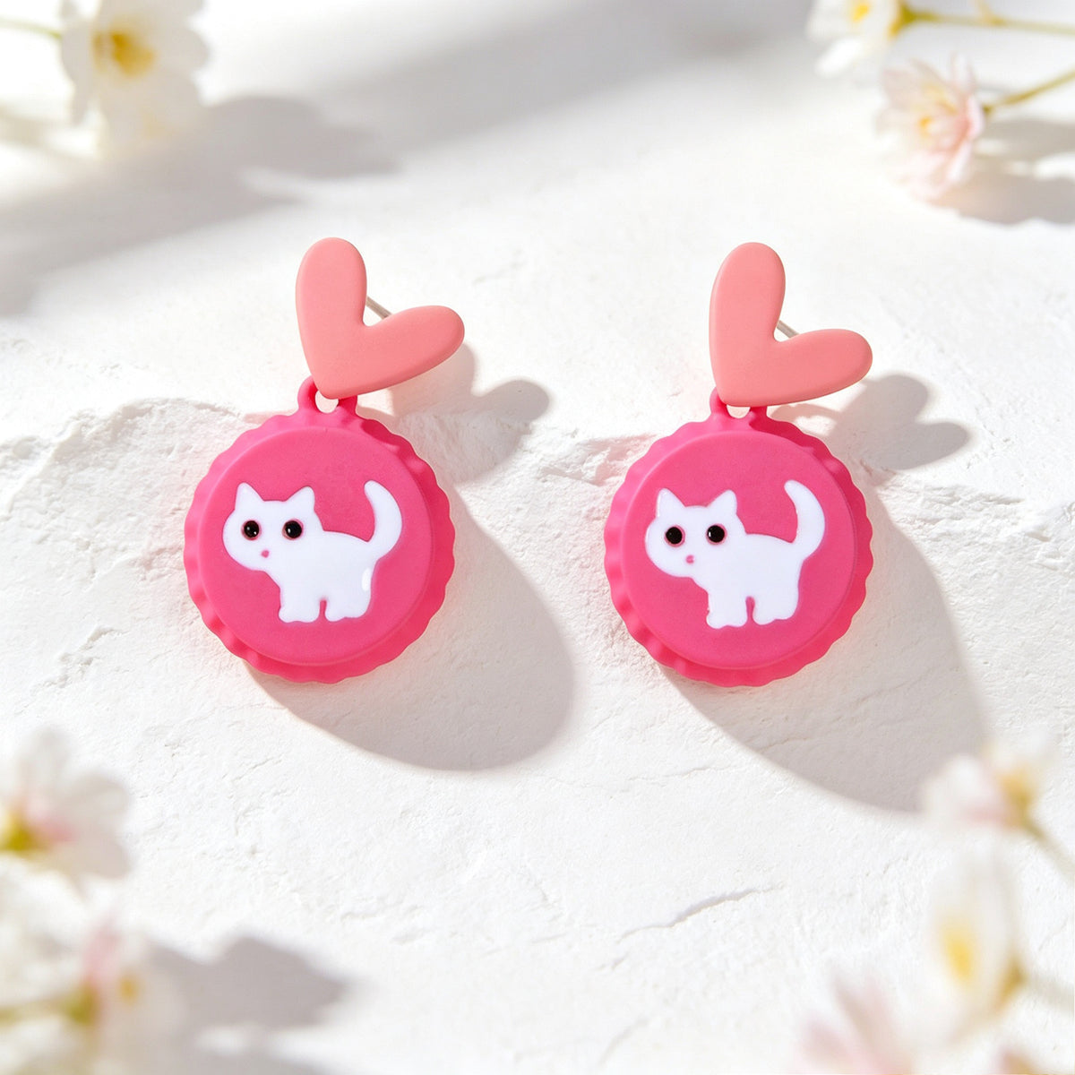 Cute Hotpink Heart Cartoon White Cat Drop Earrings Sweet Lovely Jewellery Gift
