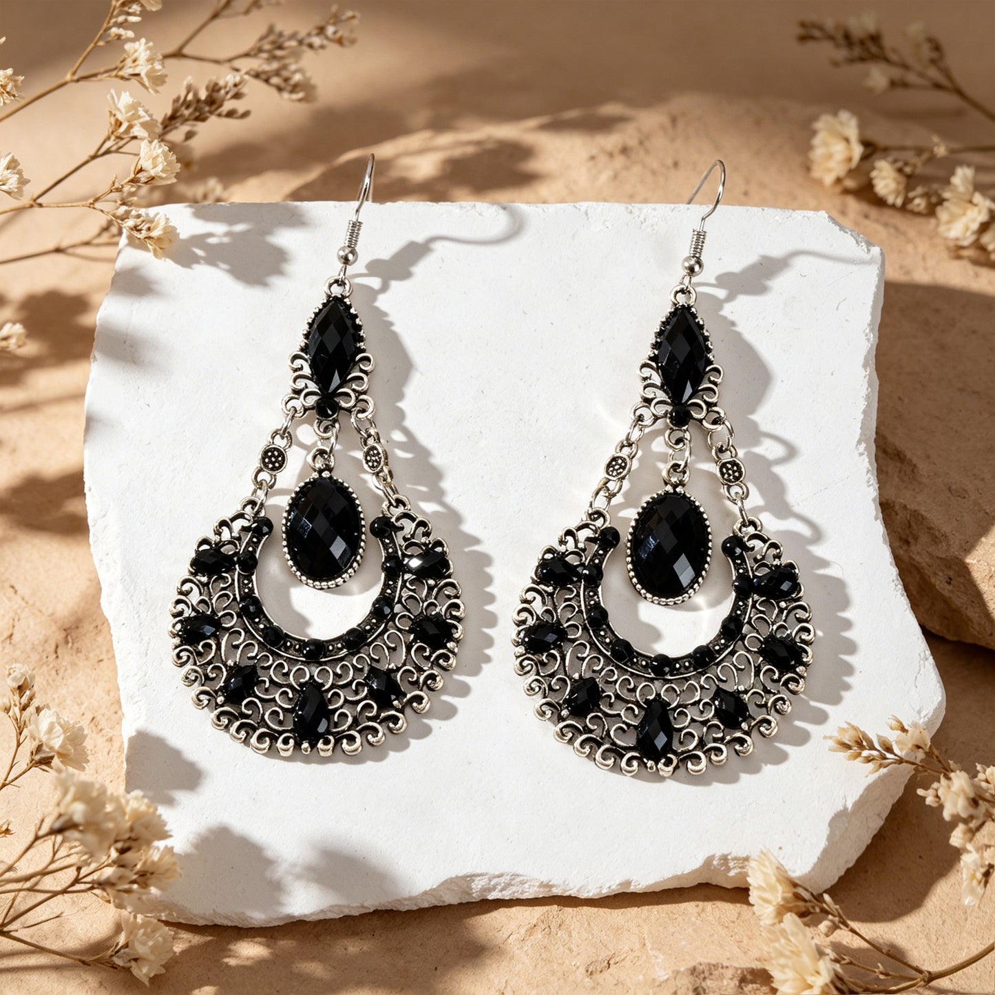 Boho Beads Decor Antique Silver Water Drop Dangle Earrings Beach Vacation Travel Jewelry