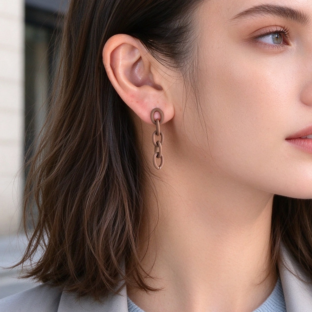 Brown Matte Chain Link Dangle Earrings Minimalist Geometric Drop Jewellery Gift