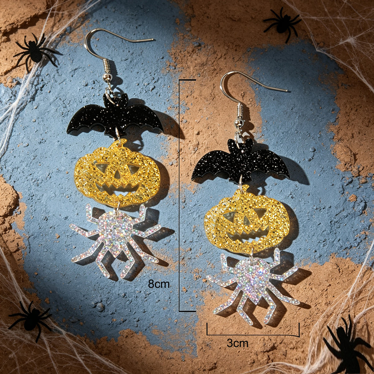 Halloween Glitter Bat Pumpkin Spider Drop Earrings Spooky Holiday Party Jewelry