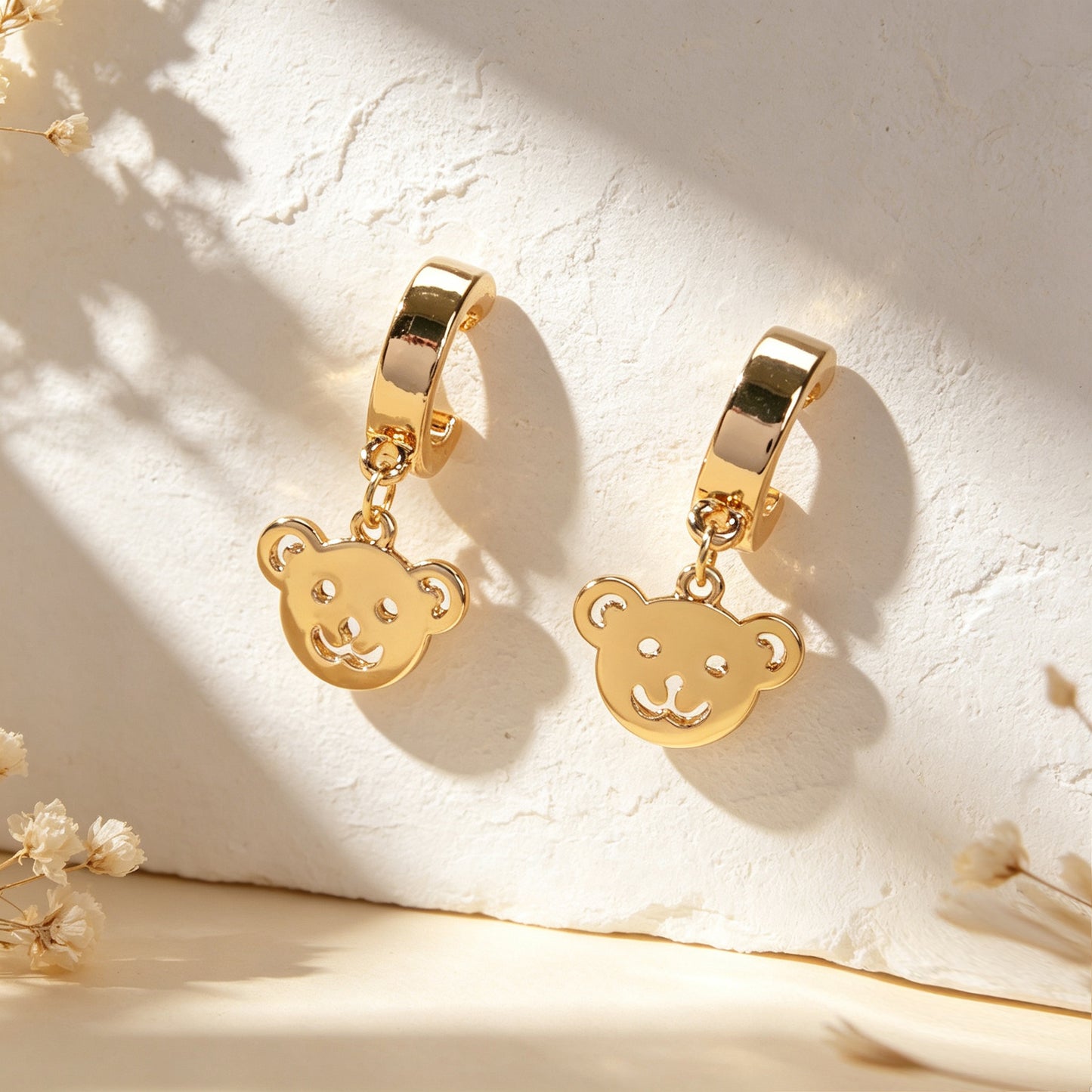 Cartoon Gold Smiley Bear Head Dangle Earrings Cute Animal Element Jewelry Birthday Gift