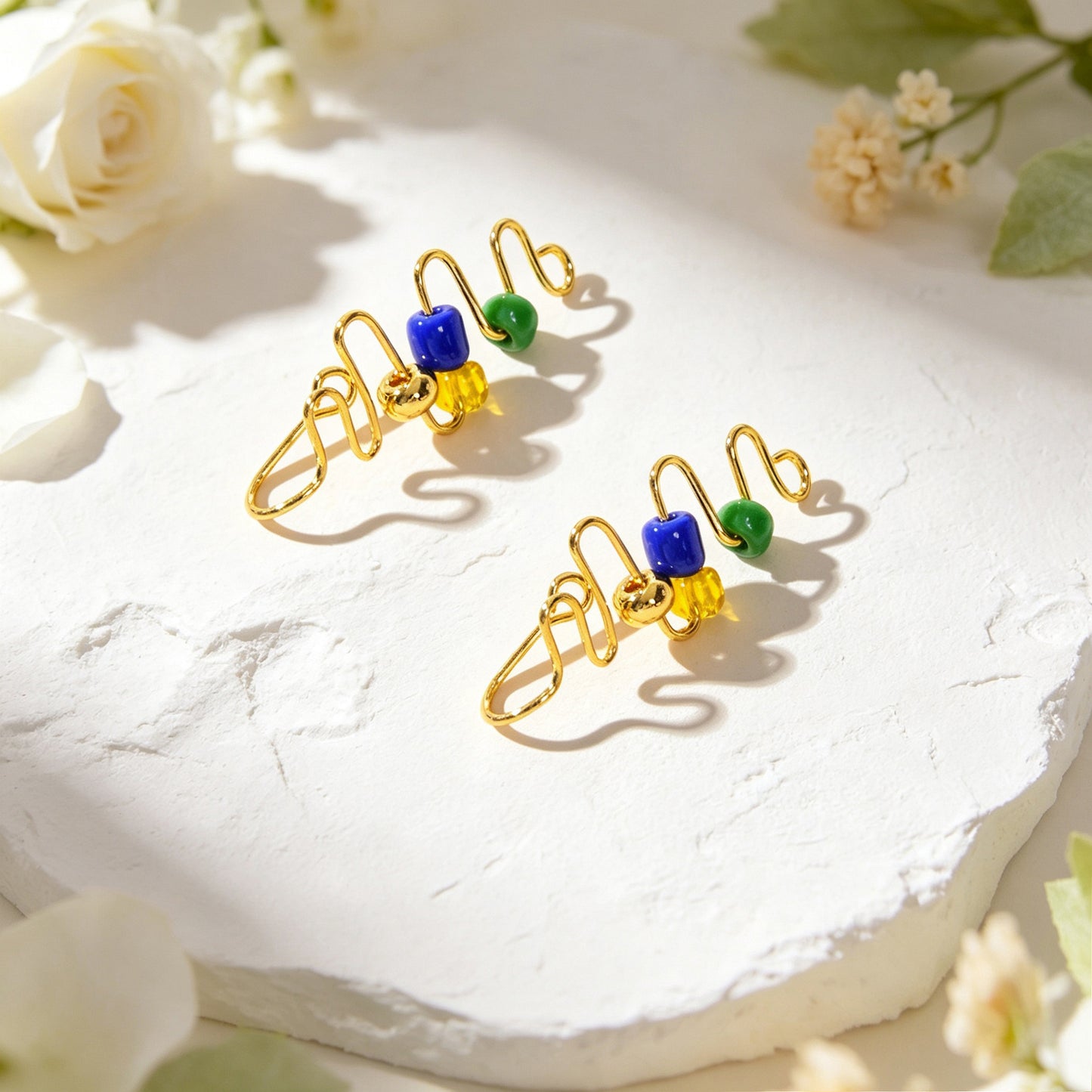 2pcs Wavy Gold Ear Cuff No Piercing Summer Rainbow Bead Ear Wrap Clip On Earring