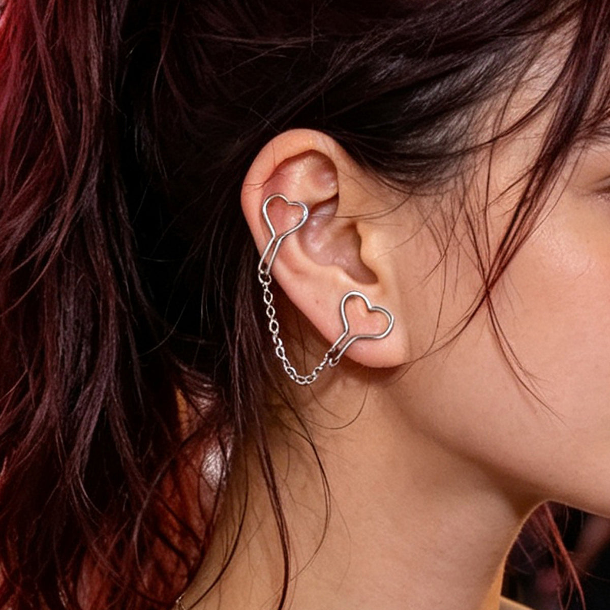 2pcs Gold Silver Heart Chain Ear Cuff No Piercing Punk Street Cartilage Clips