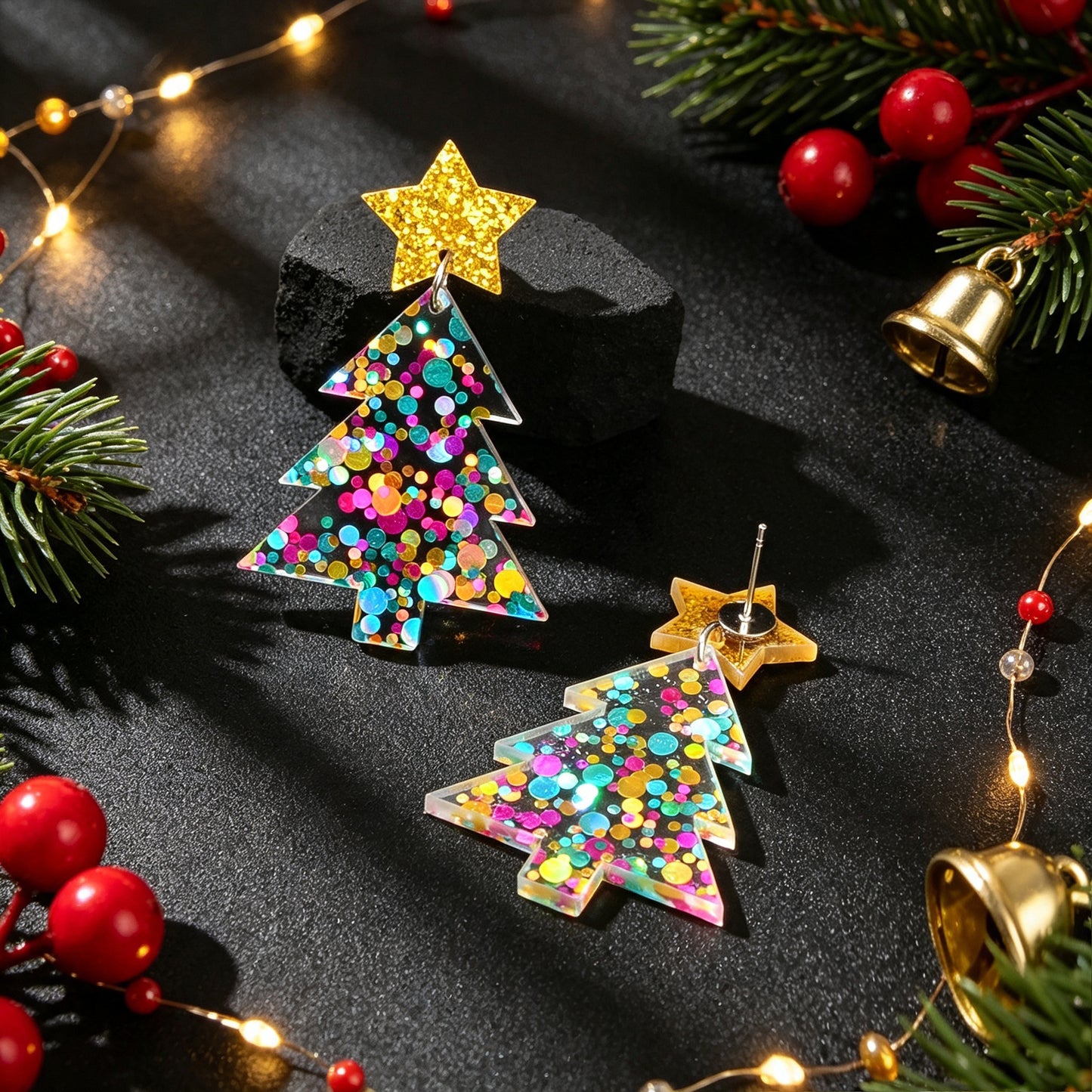 Christmas Tree Dangle Earrings Glitter Star Acrylic Colorful Xmas Party Jewelry