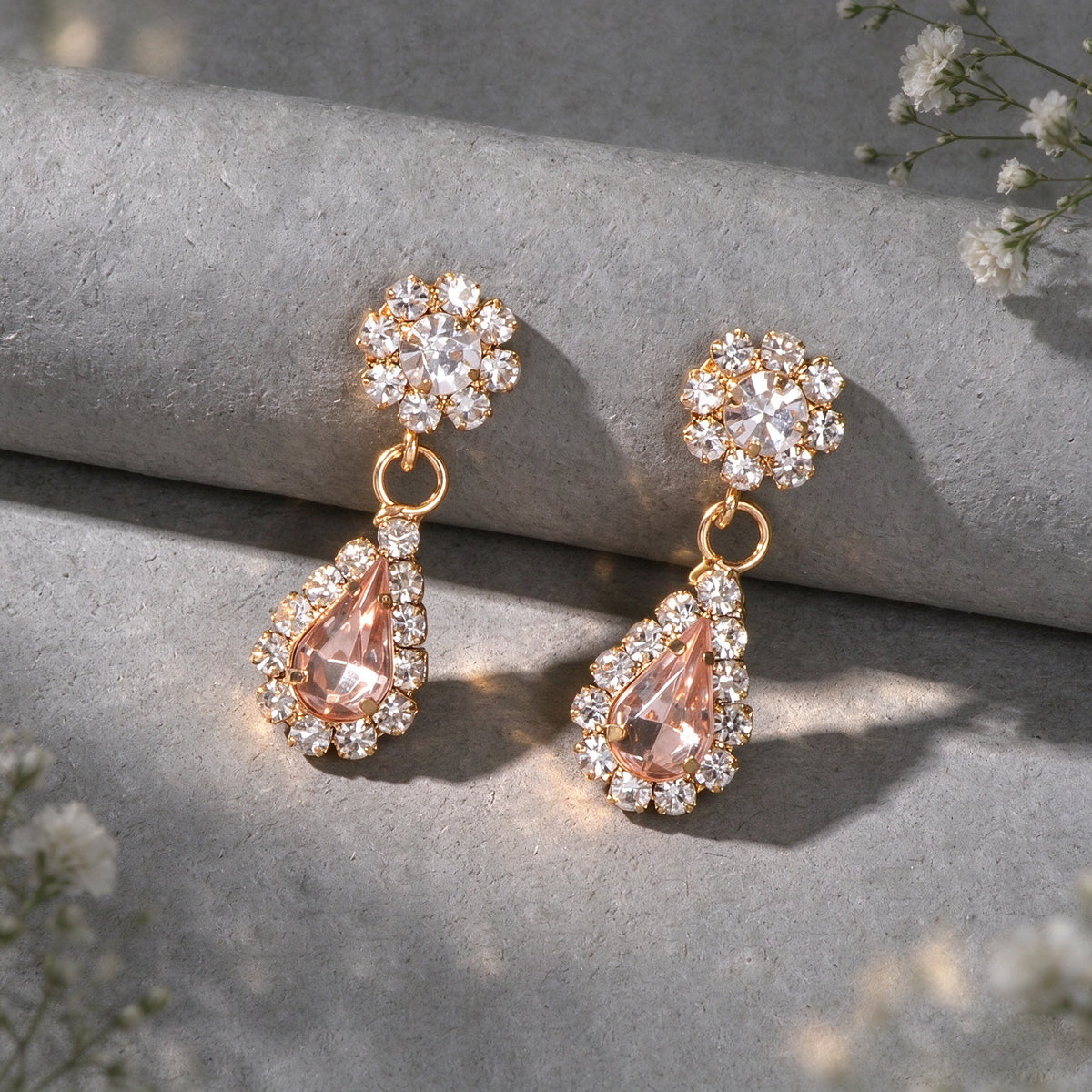 Elegant Pink Teardrop Drop Earrings Rhinestone Floral Stud Evening Party Jewelry