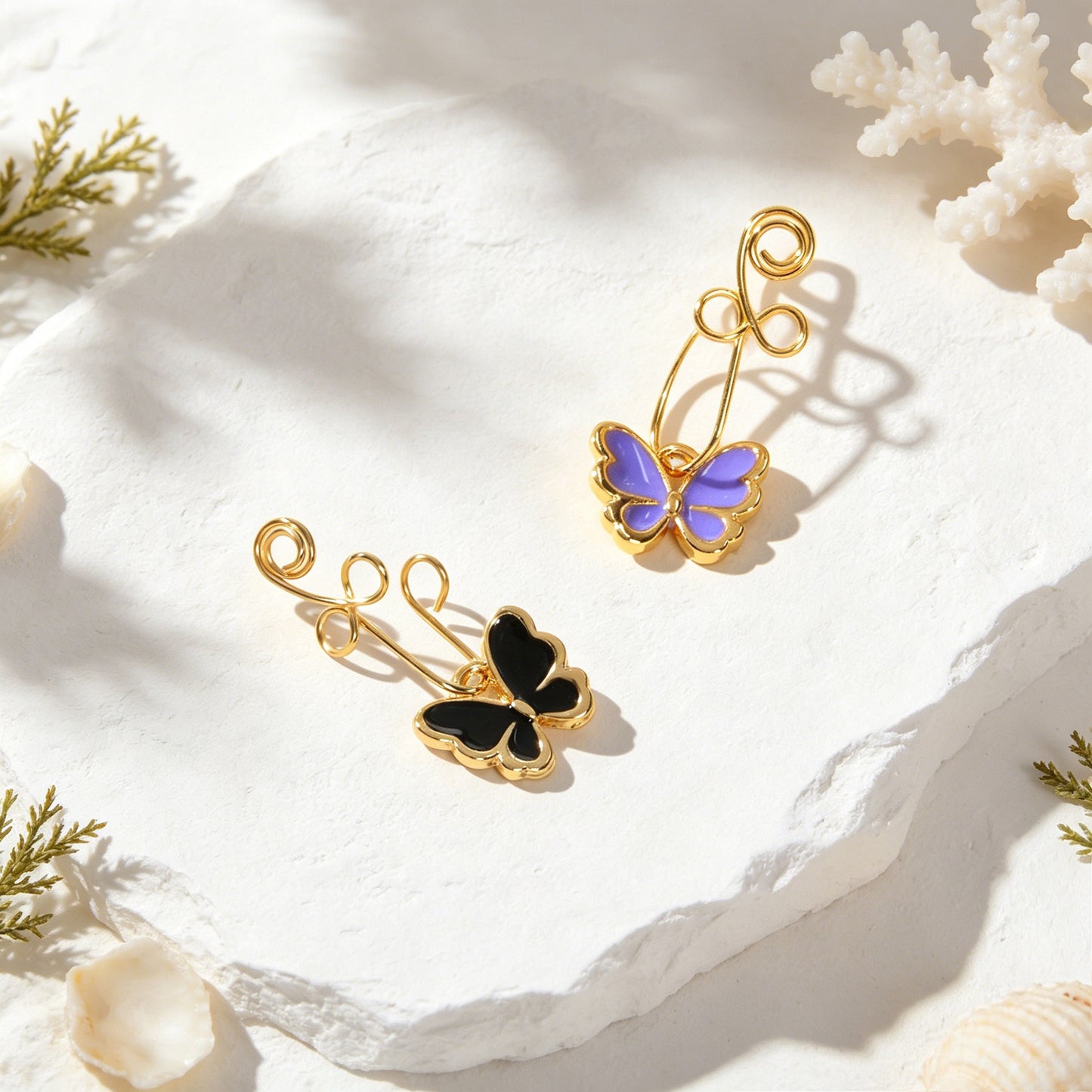 Trendy Enamel Butterfly Dangle Ear Cuffs No Piercing Gold Non-Pierced Ear Clips