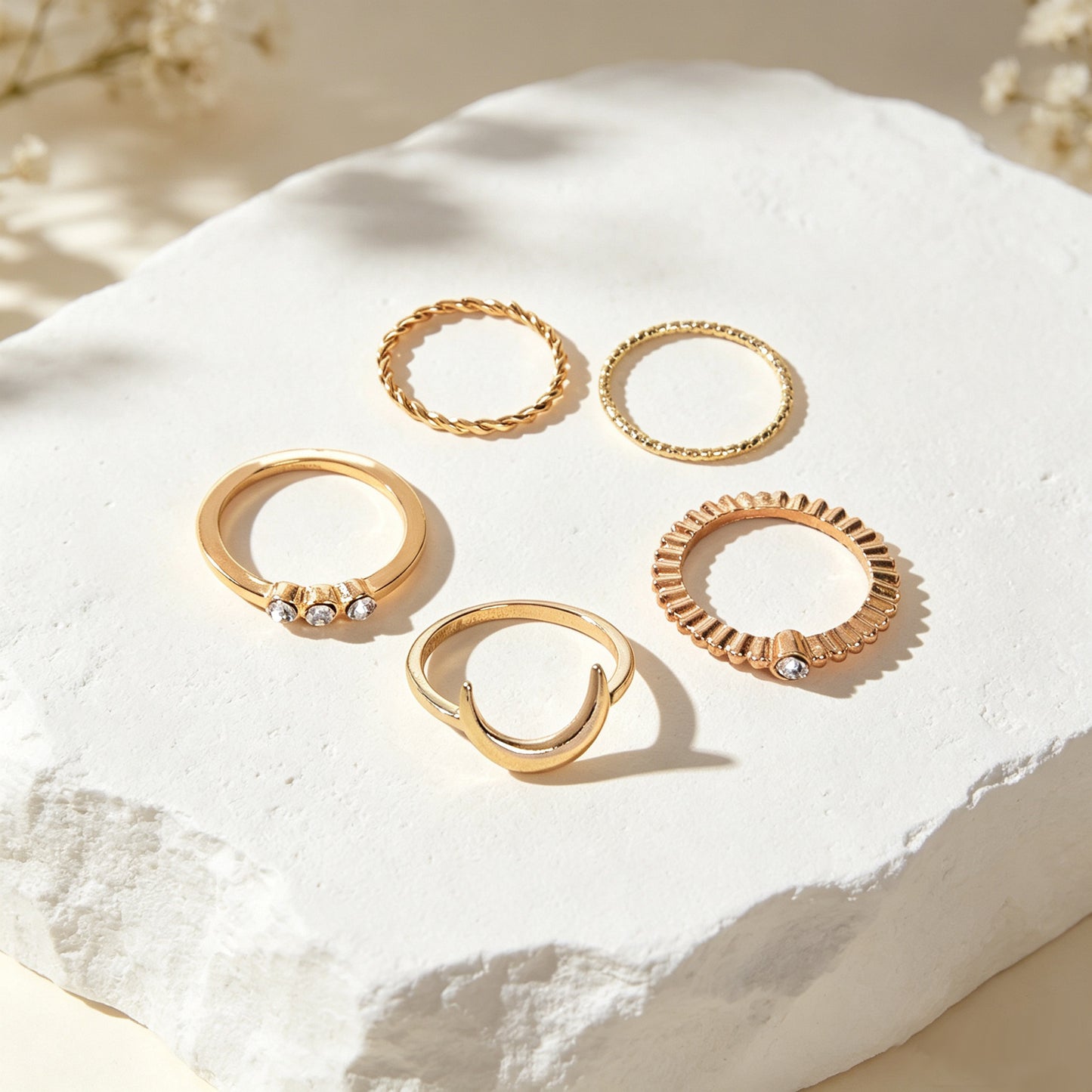 5pcs Gold Stackable Midi Finger Rings Moon Rhinestone Decor Minimalist Jewellery
