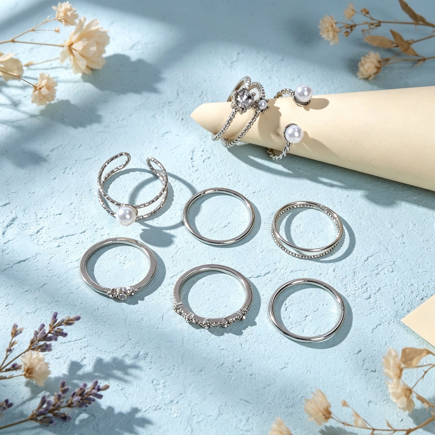 8pcs Stackable Rings Set Elegant Silver Pearl Crystal Fashion Statement Jewelry