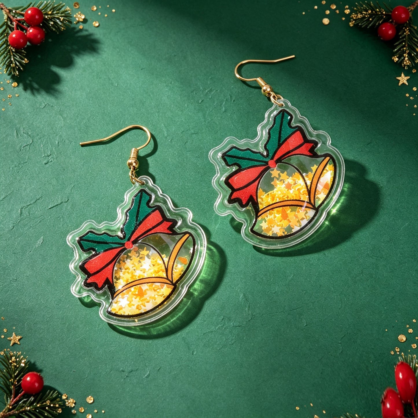 Glitter Christmas Bell Acrylic Dangle Earrings Star Bow Decor Cute Festive Gathering Jewelry Gift