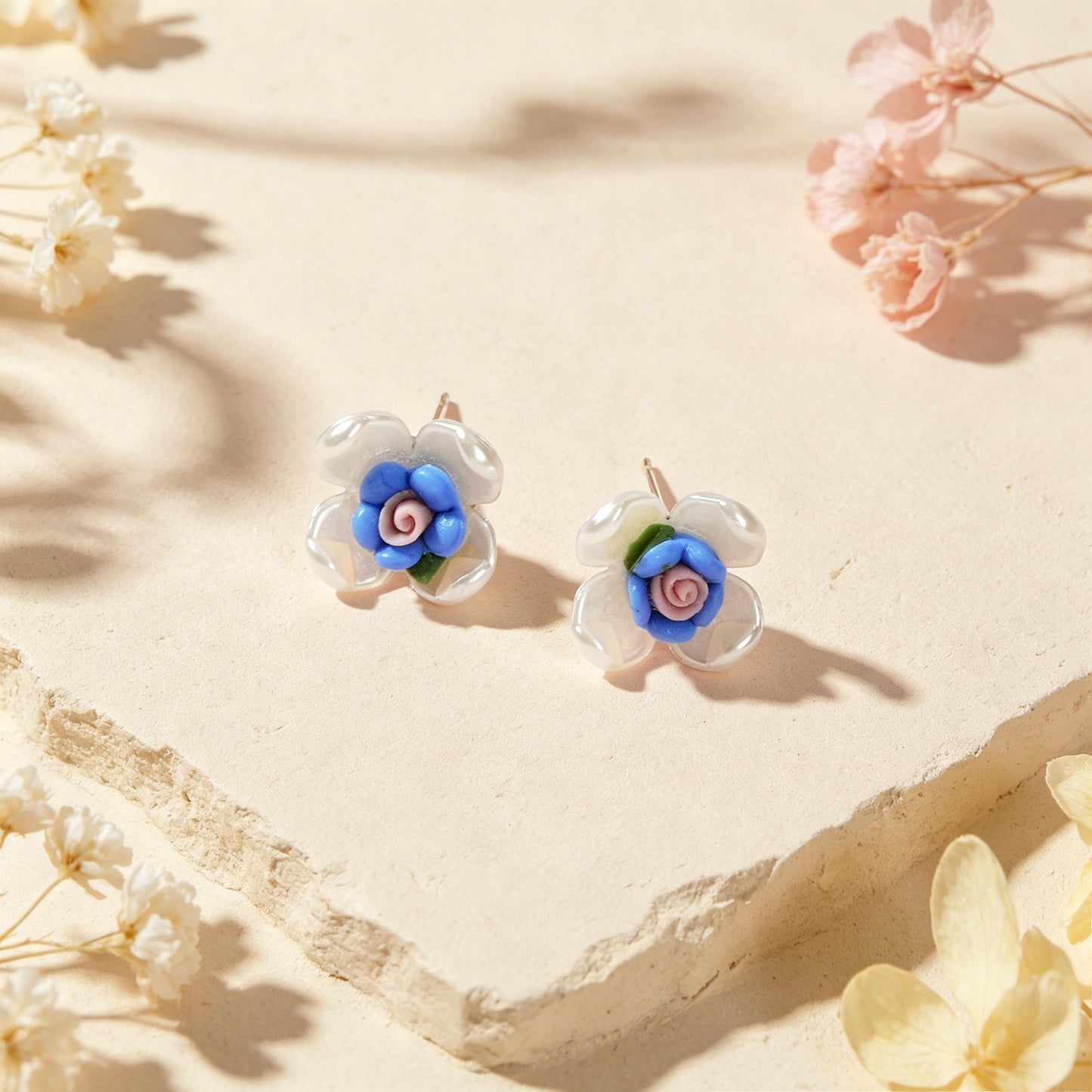 Cute Small Flower Stud Earrings White Blue Resin Petal Design Romantic Daily Dating Jewelry