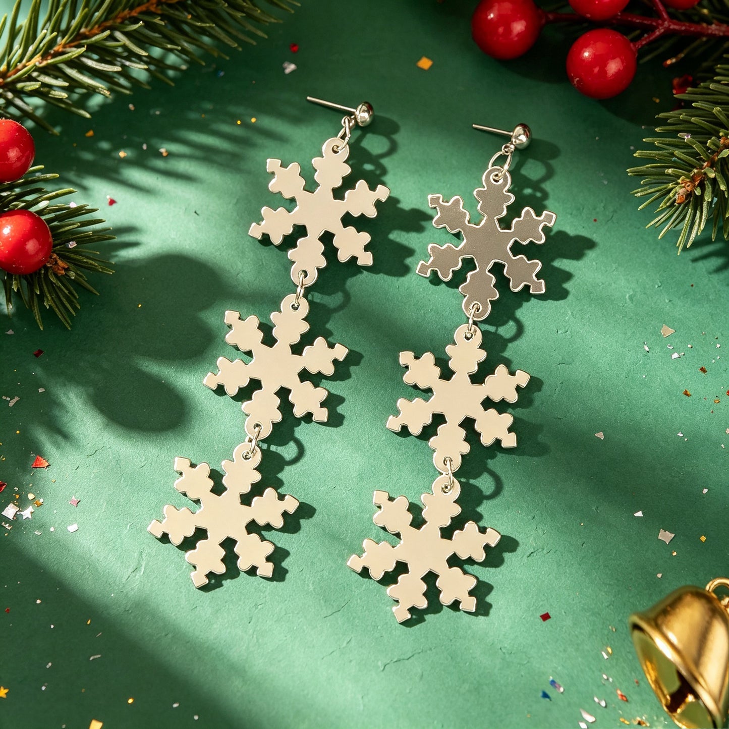 Romantic Silver Triple Snowflak Acrylic Dangle Earrings Lightweight Christmas Festival Jewelry
