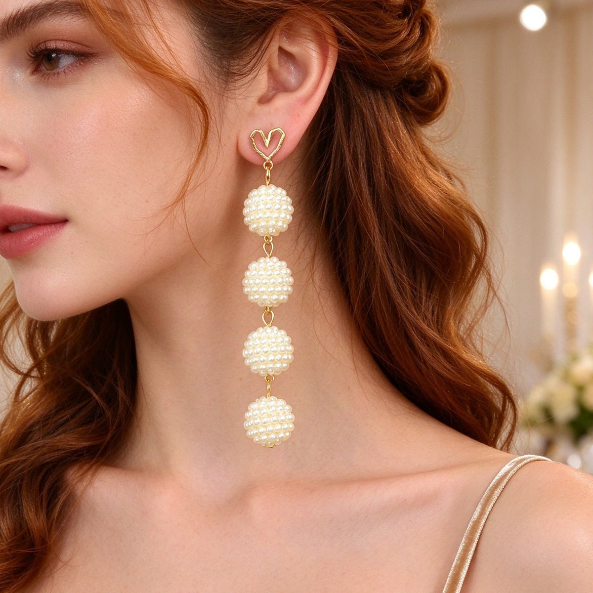 Wedding Bridal Party Gold Heart Stud Long Imitation Pearl Ball Dangle Earrings