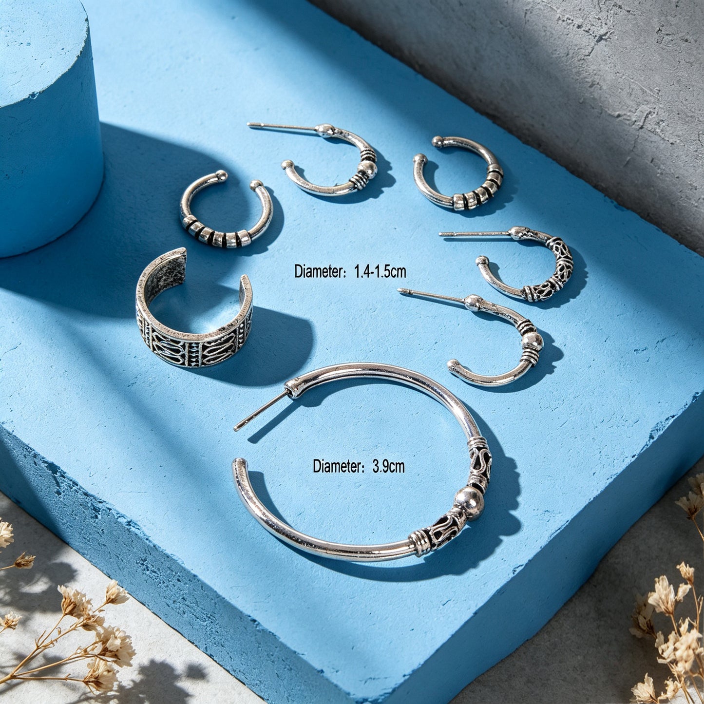 7pcs Vintage Punk Hoop Earrings Antique Silver Street style C‑Shaped Ear Cuff