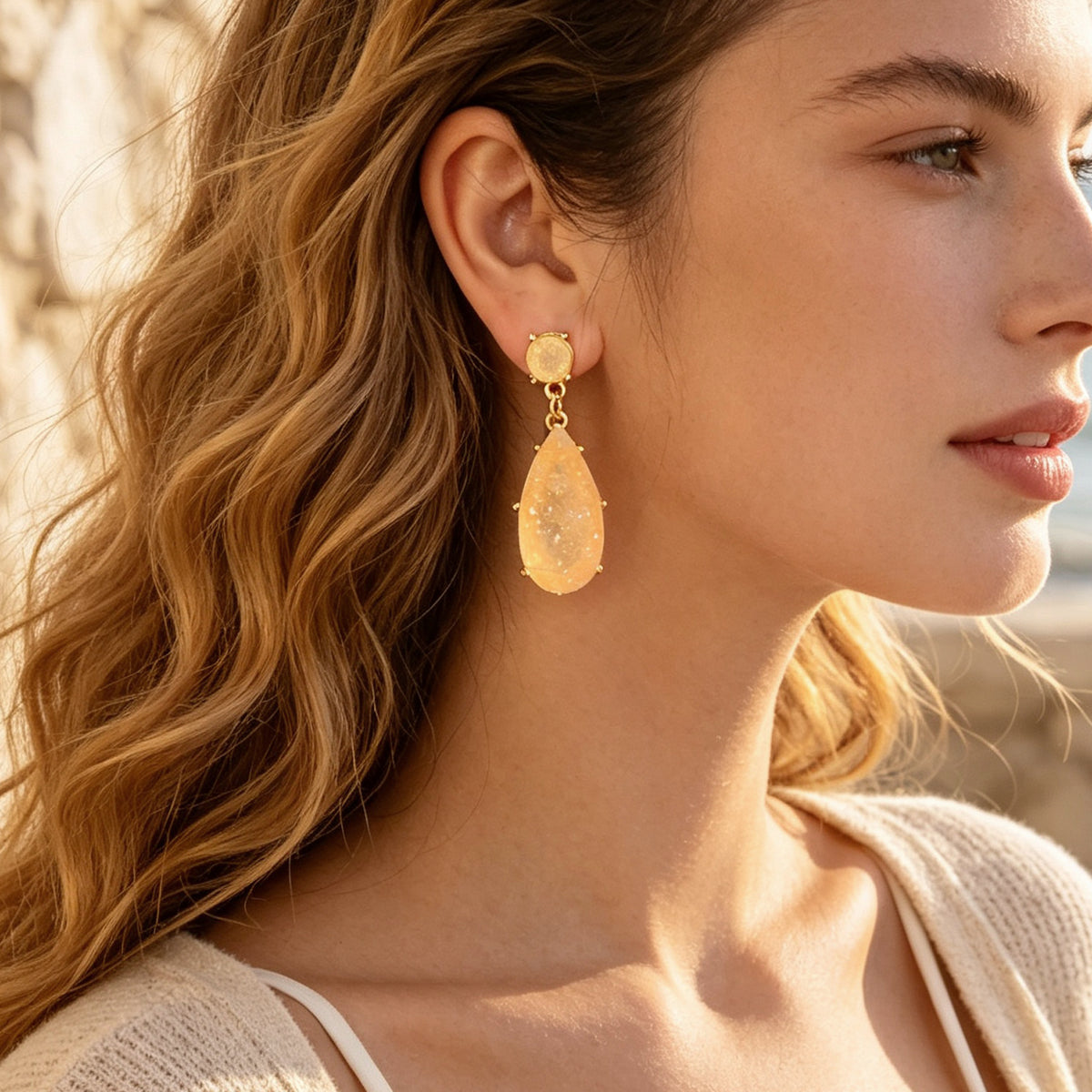 Banquet Party French style Champagne Faux Gemstones Water Drop Dangle Earrings