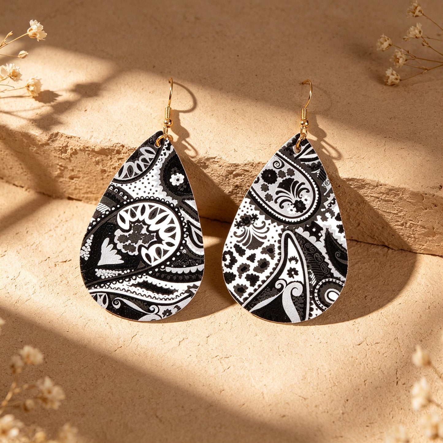 Boho Black White Paisley Pattern Water Drop PU Leather Dangle Earrings Beach Vacation Jewelry