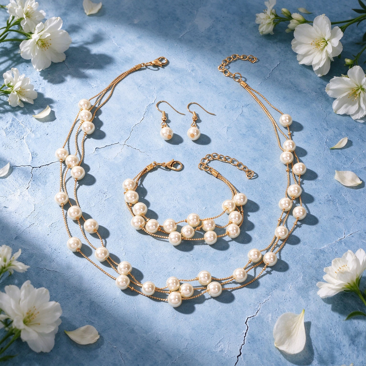 Wedding Party Set Layered Gold Chain Imitation Pearl Necklace Bracelet Earrings