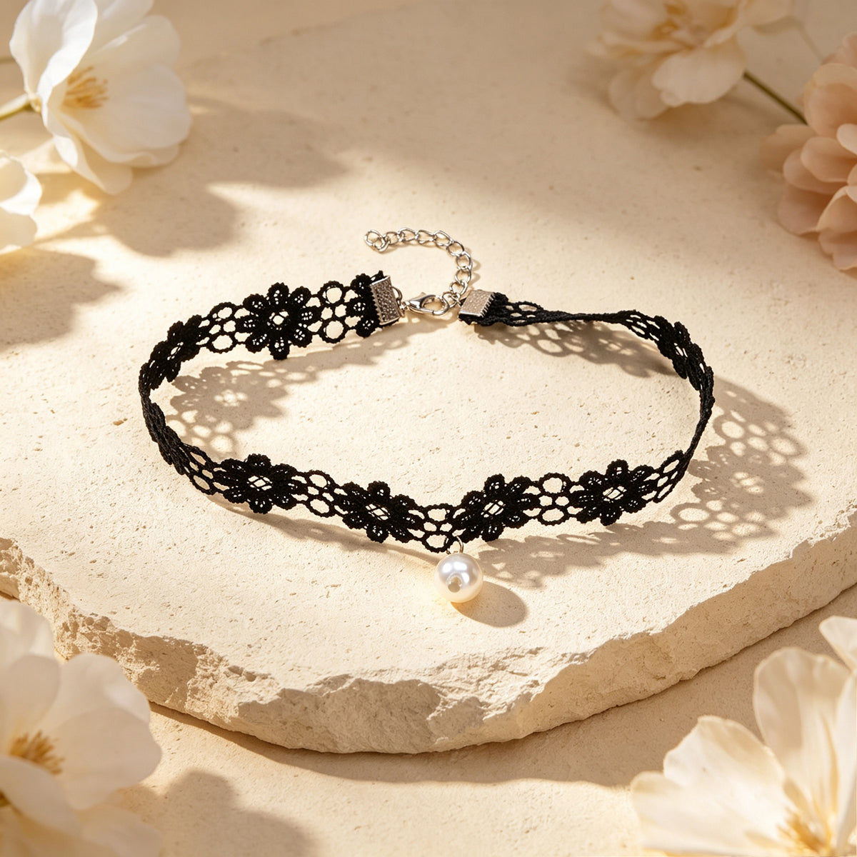 Elegant Black Flower Lace Choker Necklace Imitation Pearl Party Vacation Jewelry