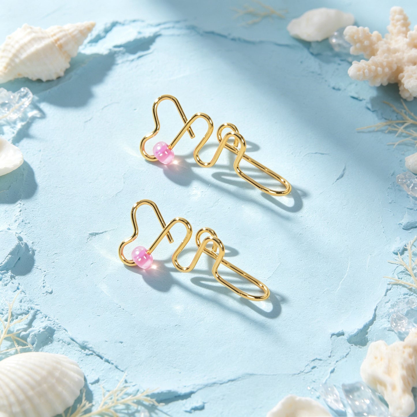 2pcs Delicate Gold Wavy Heart Ear Cuff Pink Bead Non-Pierced Cartilage Ear Clip