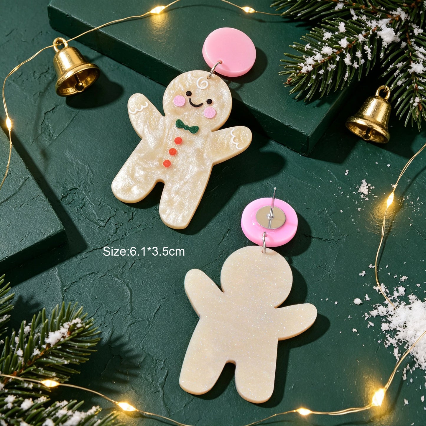Cream Glitter Gingerbread Man Christmas Drop Earrings Festive Party Jewelry Gift