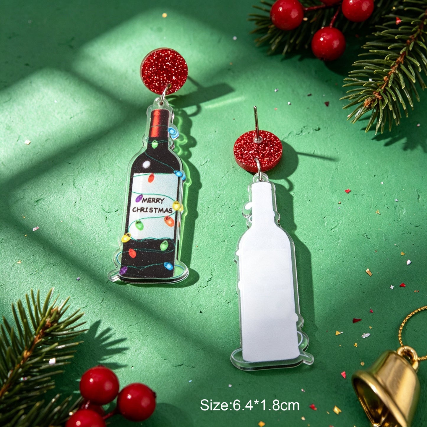 Novelty Christmas Red Disk Wine Bottle Dangle Earring Acrylic Xmas Party Jewelry