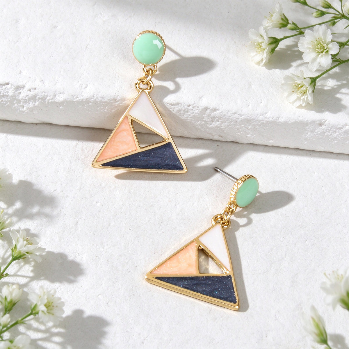 Trendy Geometric Triangle Dangle Earring Color Block Enamel Design Retro Jewelry