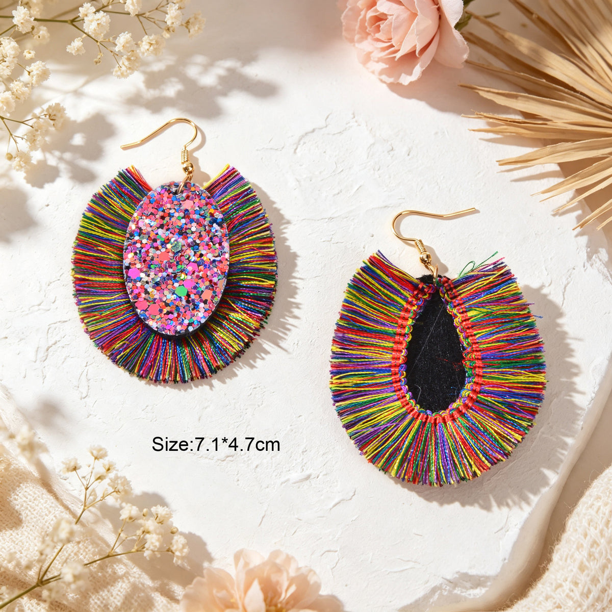 Boho Colorful Tassel Sequin Oval Dangle Earrings Chunky Summer Beach Vacation Statement Jewelry