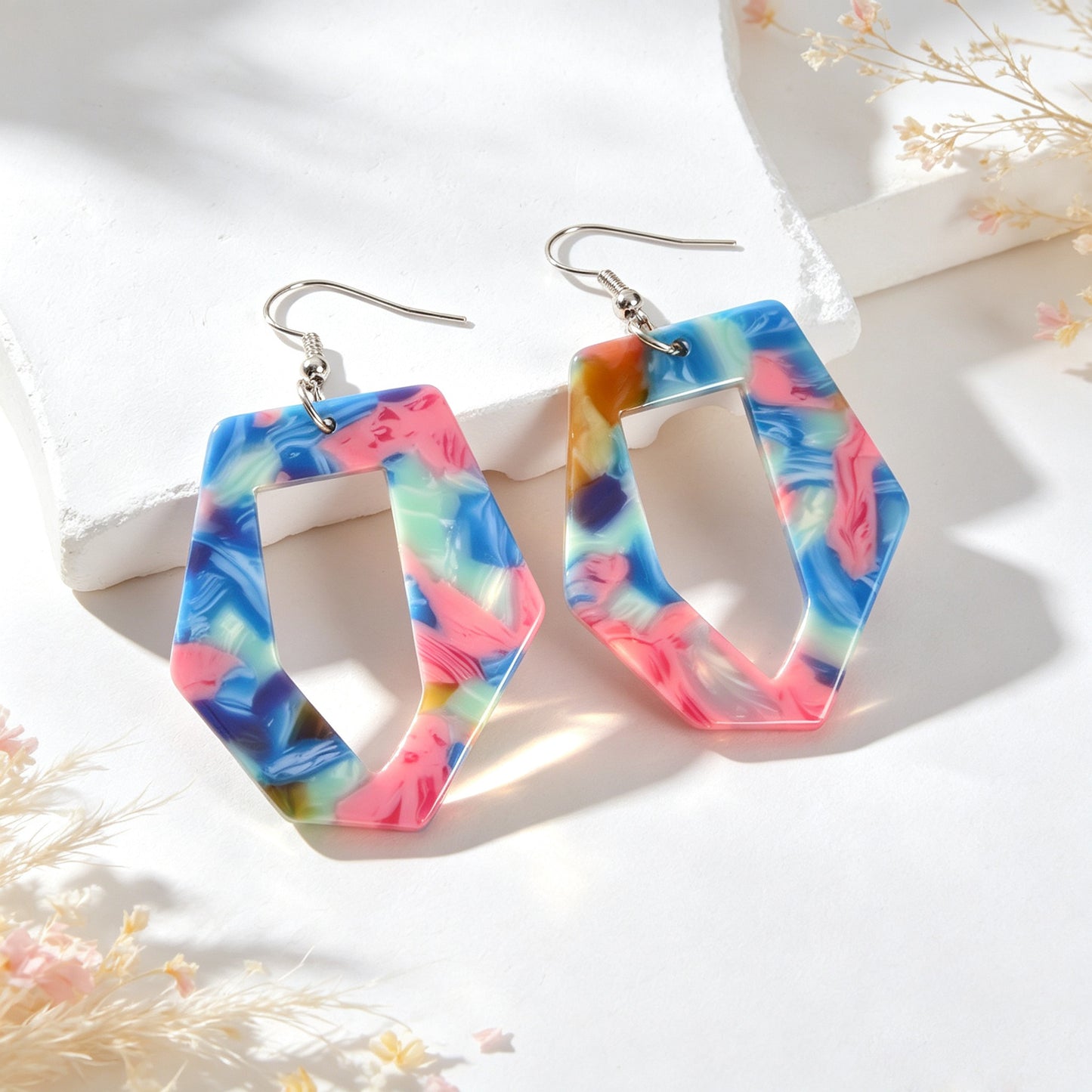 Irregular Geometric Shape Colorful Stone Vein Acrylic Earrings  Beach Vacation Pool Party Jewelry